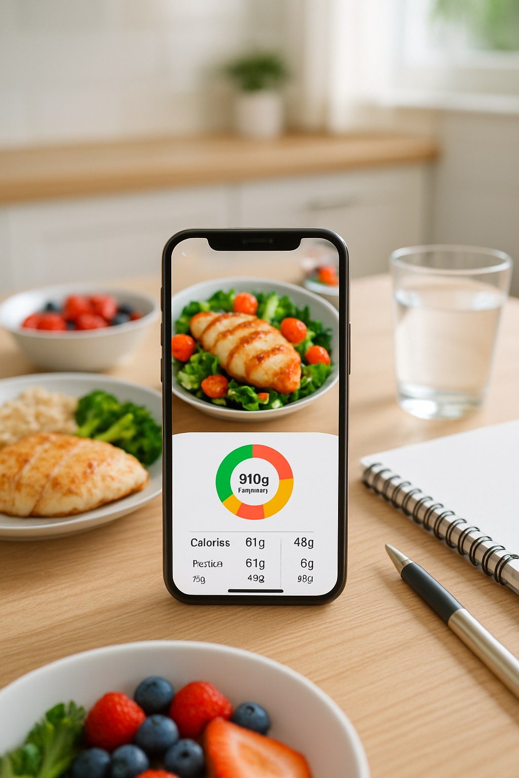 A smartphone displaying the SnapEat AI app interface analyzing a photo of a healthy meal with salmon and vegetables.