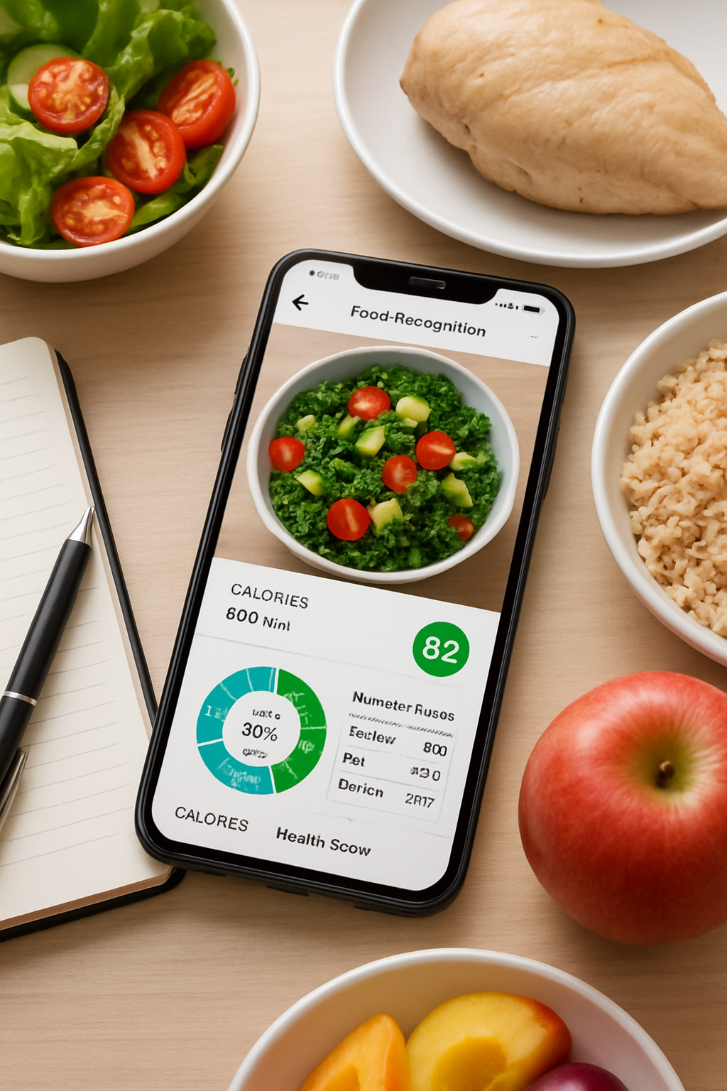 A smartphone displaying the SnapEat AI app interface, showing AI food tracking of a healthy meal with nutritional data.