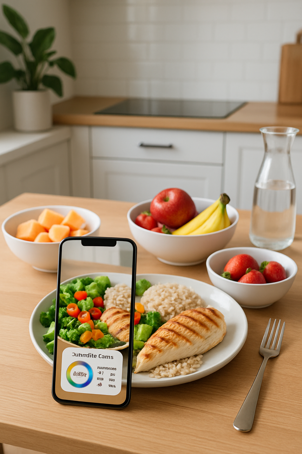 Smartphone showing the SnapEat AI nutrition tracker app interface with a meal's calorie and macro breakdown.