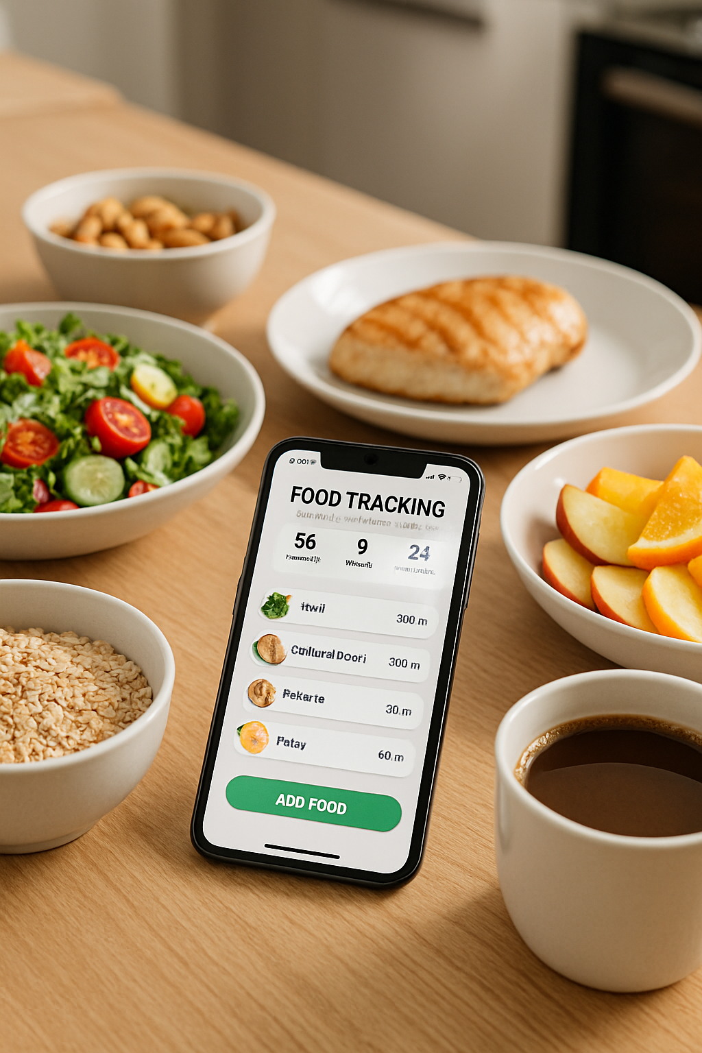 A smartphone showing the SnapEat AI food tracker app analyzing a healthy meal on a plate.
