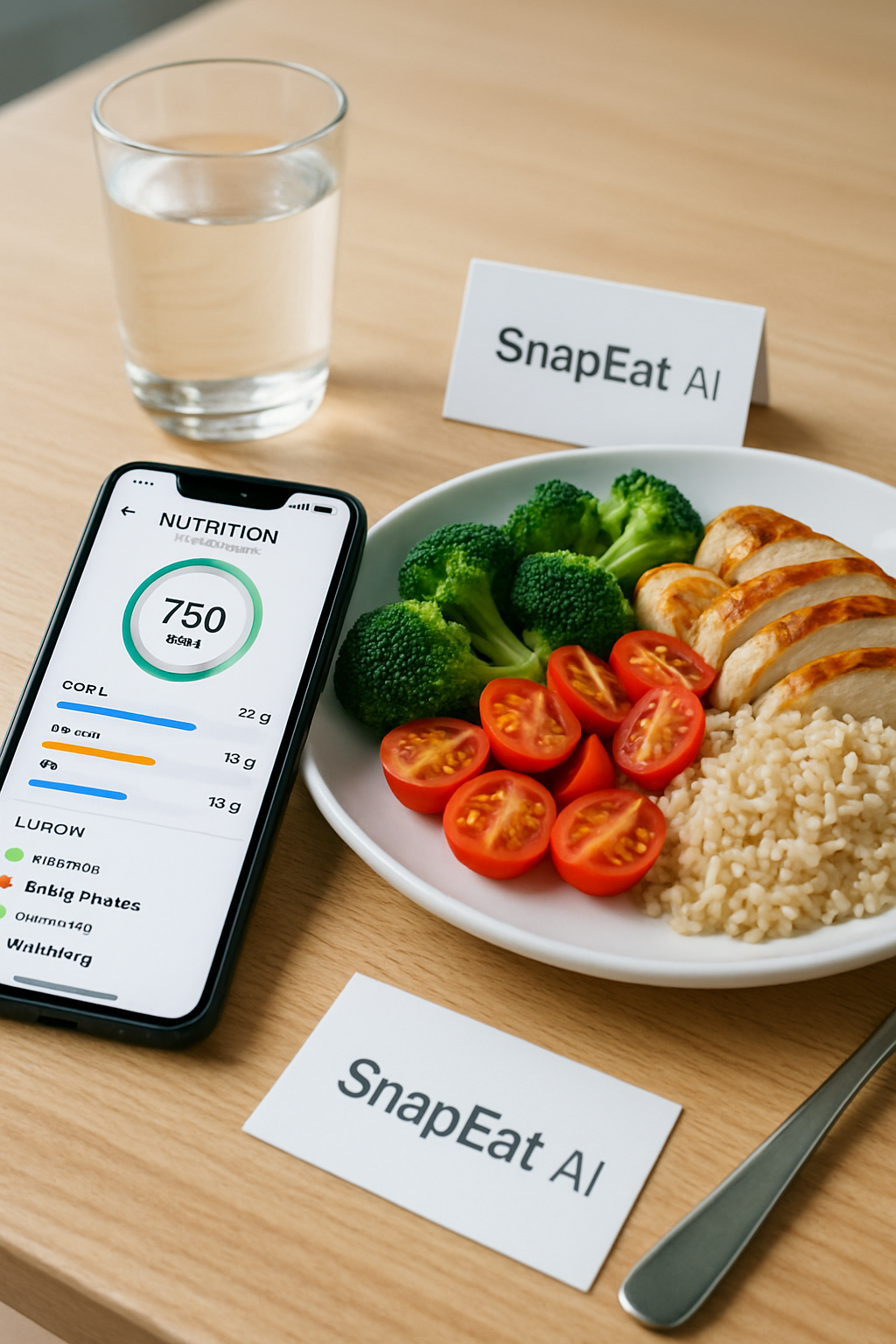 A smartphone showing the NutriCoach AI app interface after taking a photo of a meal, demonstrating the smart calorie tracker and AI nutrition coach features.