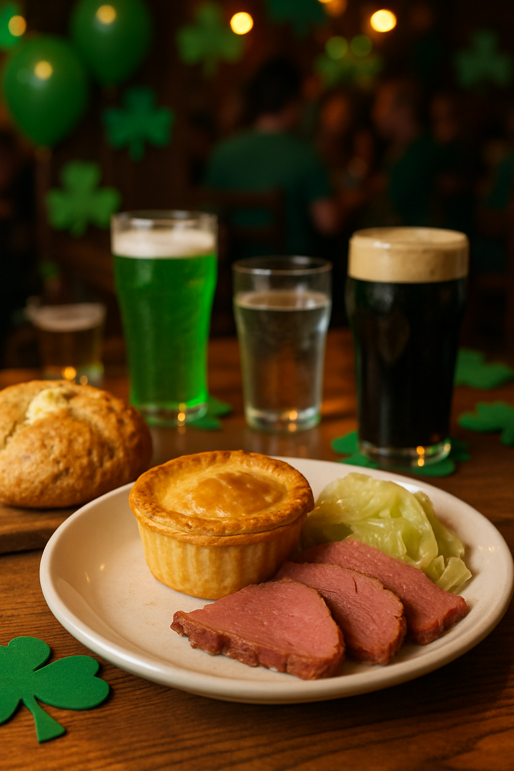 Smartphone displaying the SnapEat AI food tracker app with a background of St. Patrick's Day food like corned beef and green beer.