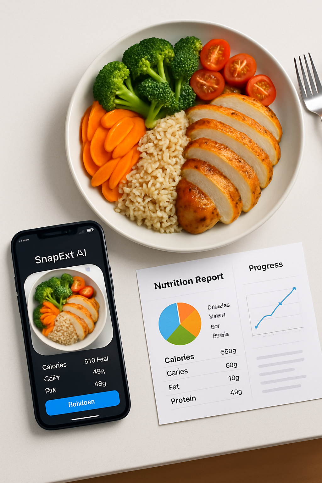 A smartphone screen showing the SnapEat AI calorie counter app interface after analyzing a photo of a healthy meal.