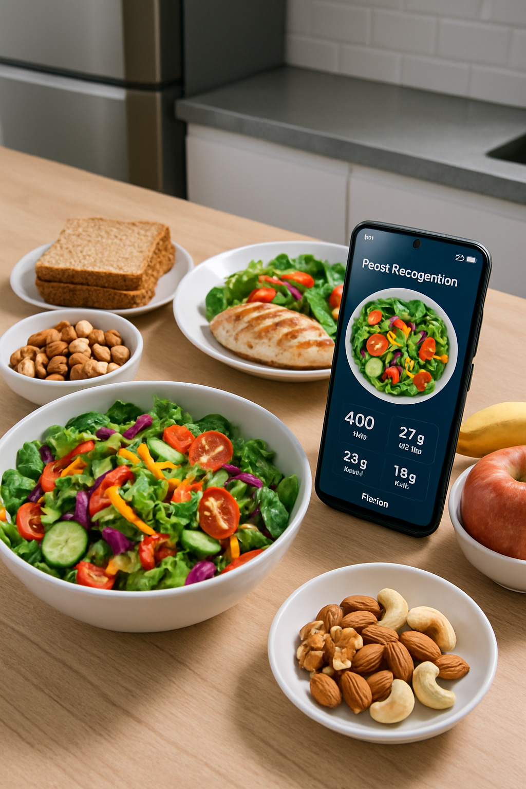 Healthy meal being scanned by SnapEat AI's food recognition technology on a smartphone, illustrating an easy way to track nutrition for a DWTS-style transformation.