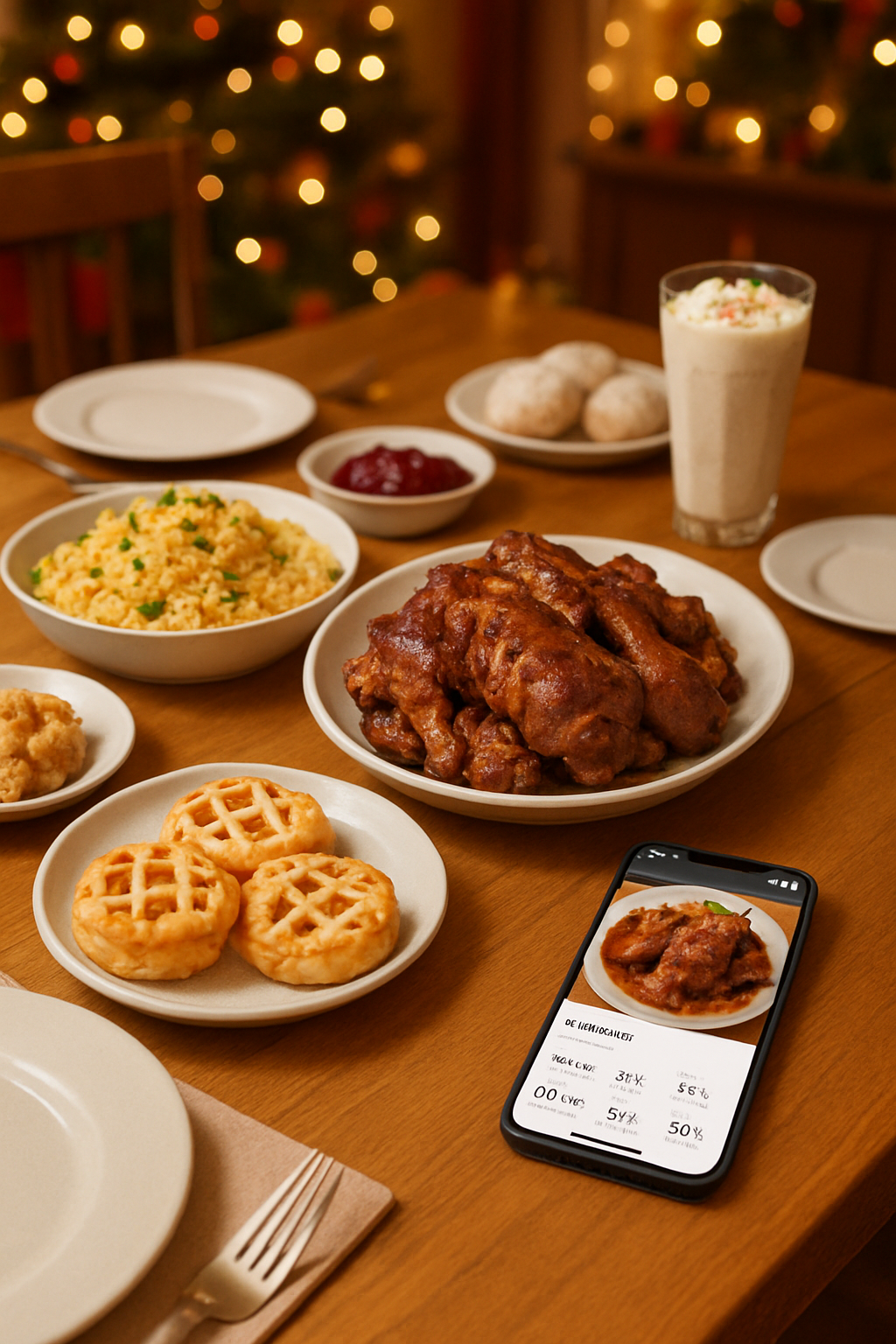 A festive Eid meal with Biryani and kebabs being tracked on a smartphone using the SnapEat AI food recognition app.