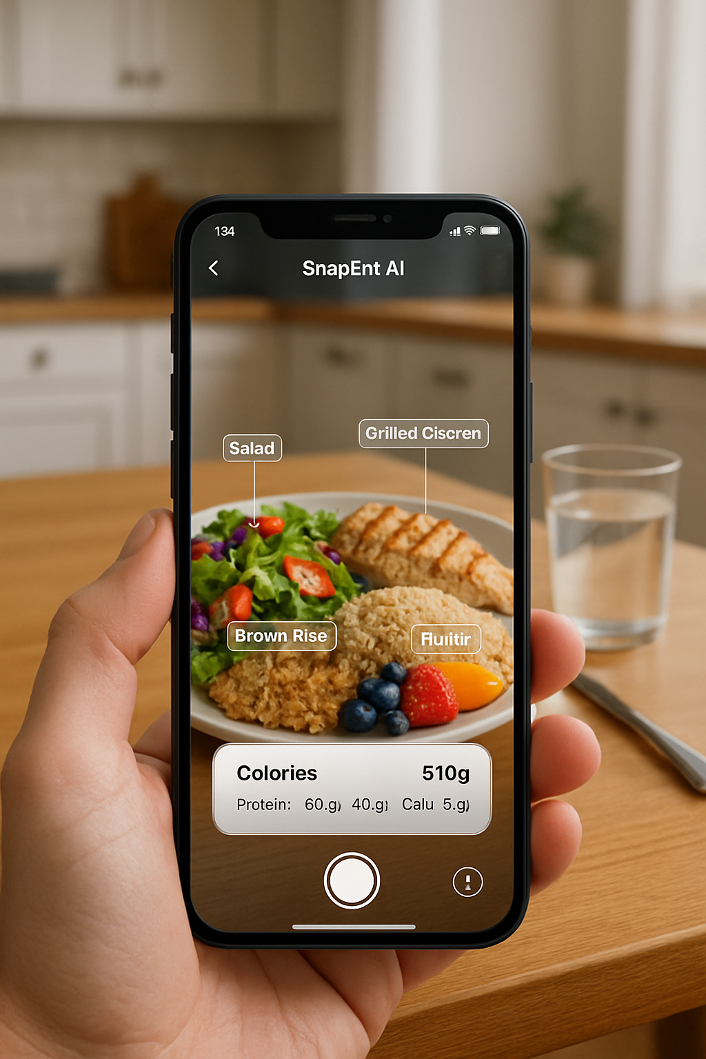 A smartphone using SnapEat AI to analyze a salad photo and log nutrition details automatically.