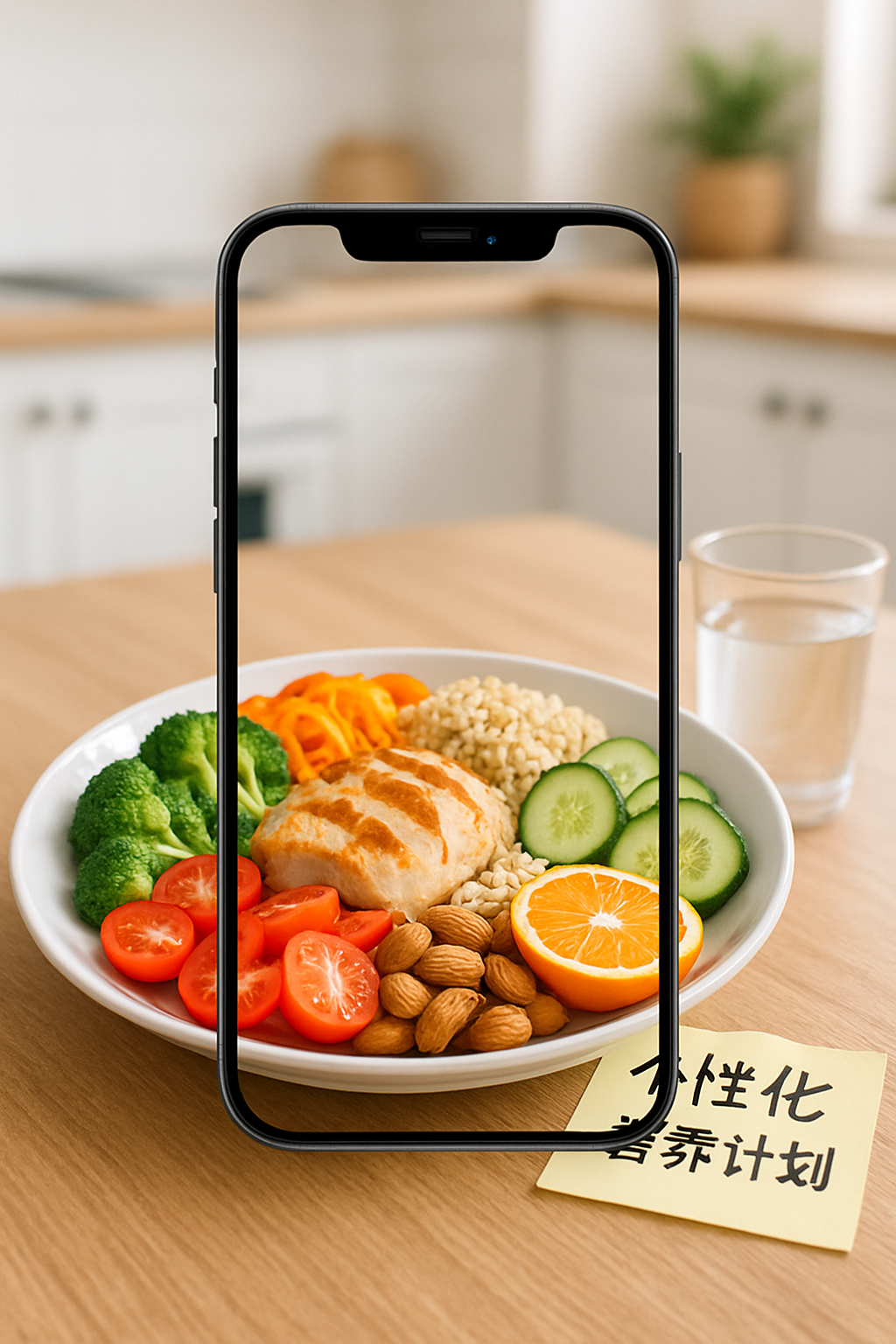 A smartphone showing the SnapEat AI nutrition coach app interface, analyzing a photo of a healthy meal of salmon, broccoli, and rice.