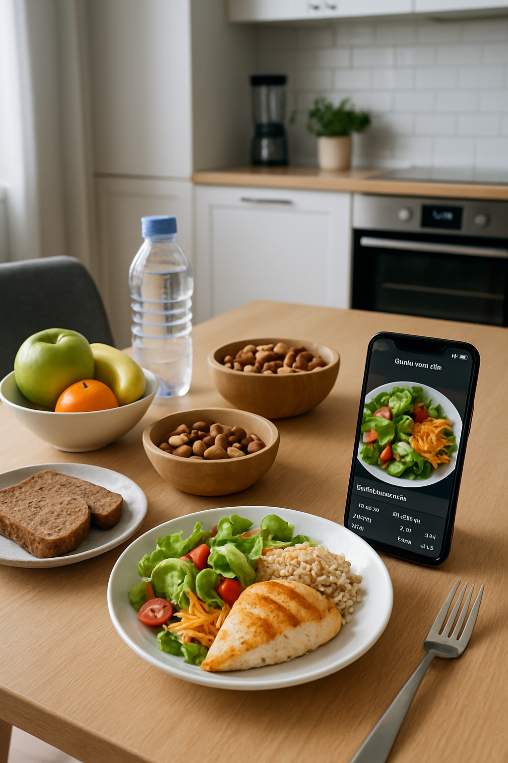 A person using the SnapEat AI calorie counter app on their phone to scan a healthy meal of salad and chicken.