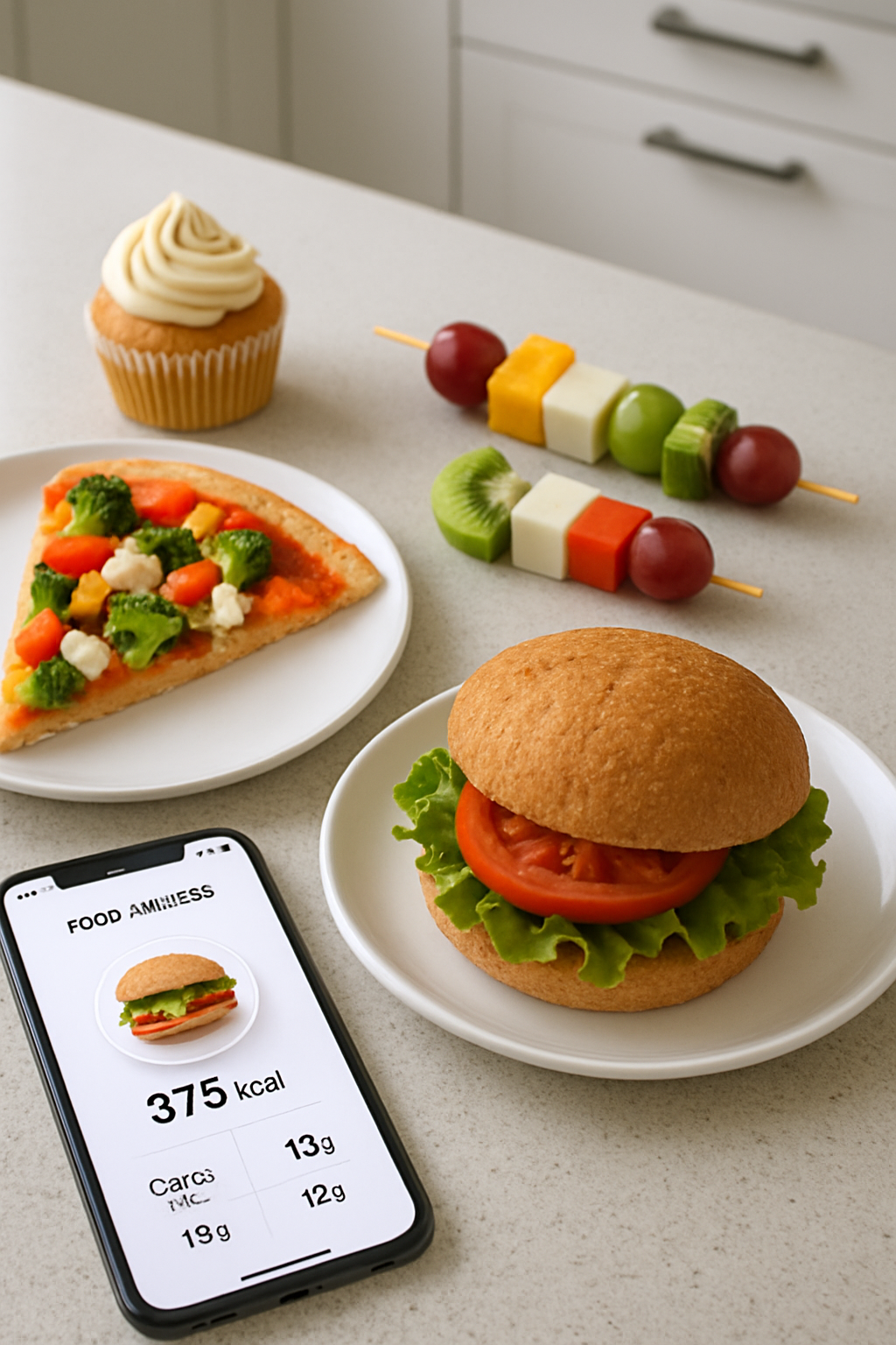 A smartphone displaying the SnapEat AI app tracking a slice of pizza from a Five Nights at Freddy's themed meal.