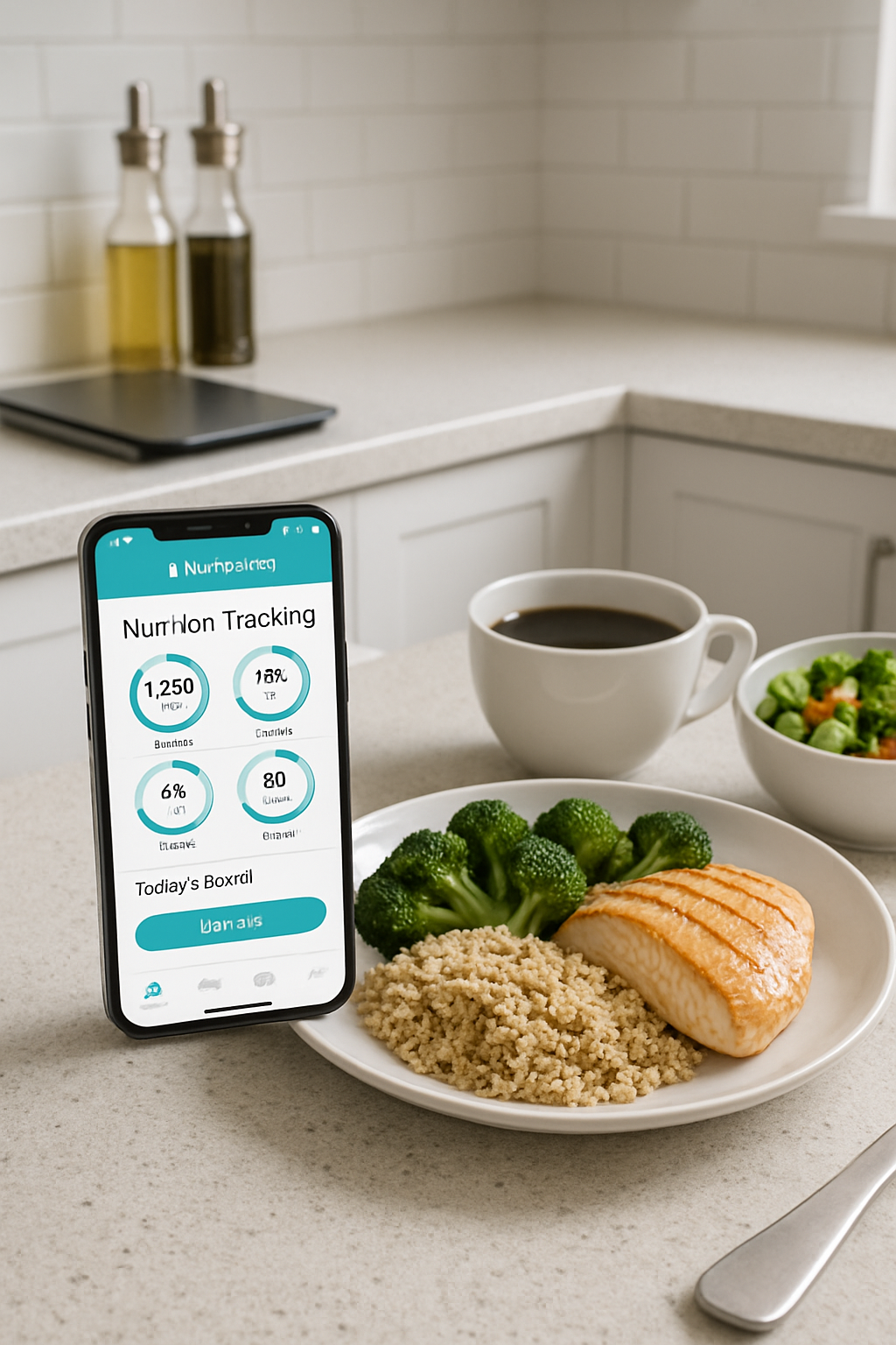 Smartphone showing the SnapEat AI nutrition app interface analyzing a healthy meal of chicken and vegetables.