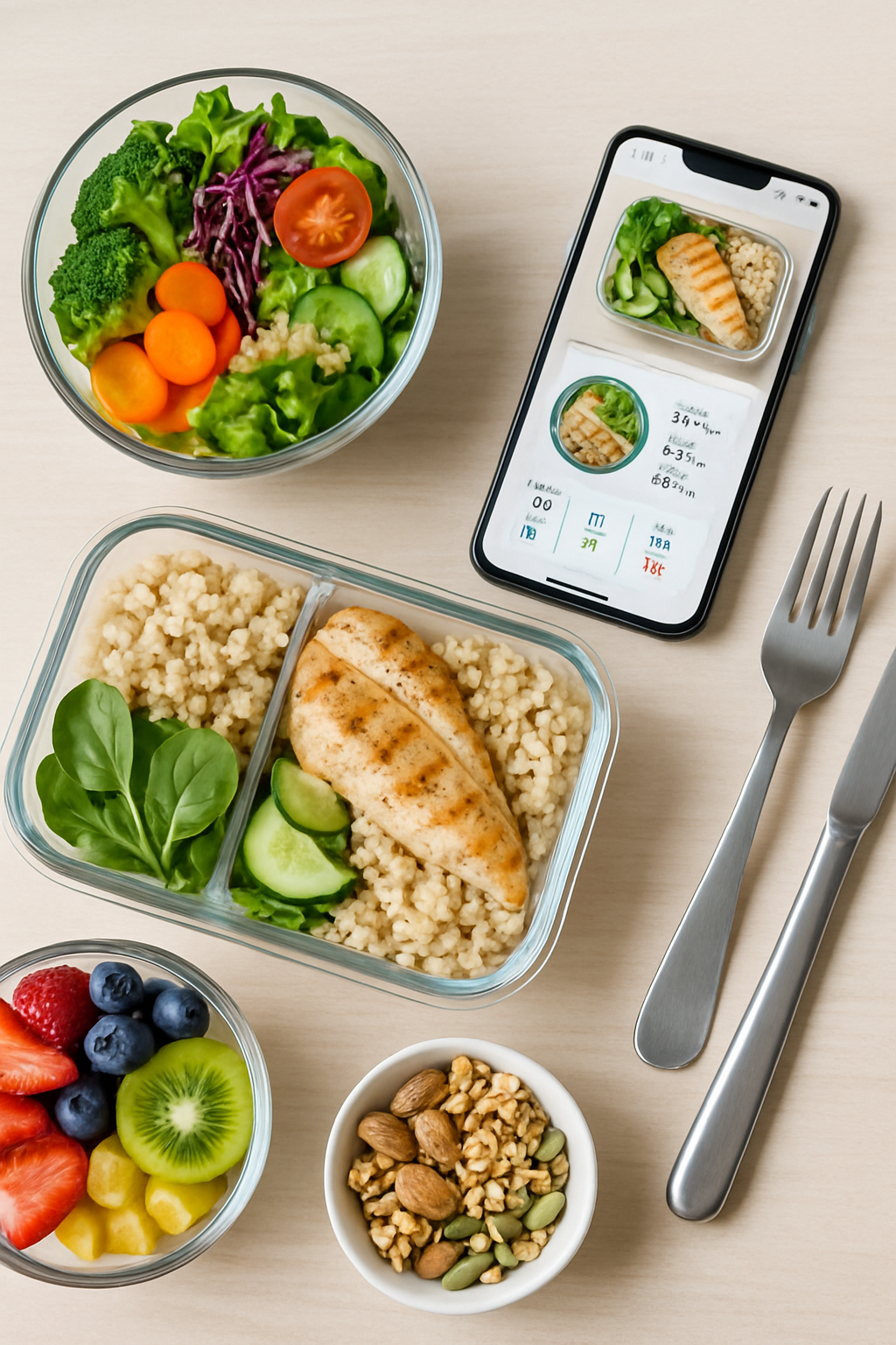 A smartphone showing the SnapEat AI smart calorie counter app analyzing a photo of a healthy meal.