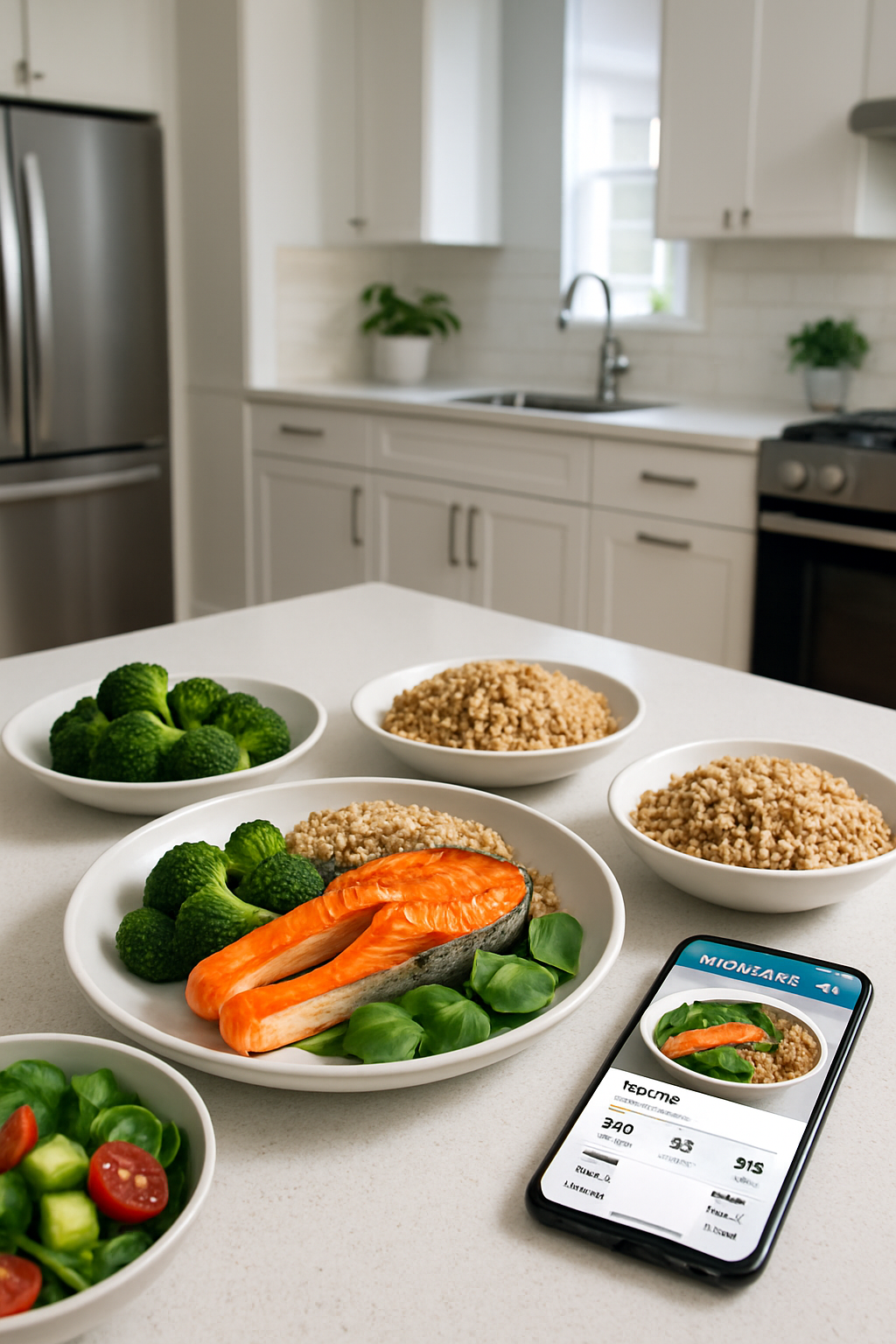 Smartphone showing the SnapEat AI app interface after taking a photo to track a meal of salmon, quinoa, and vegetables.