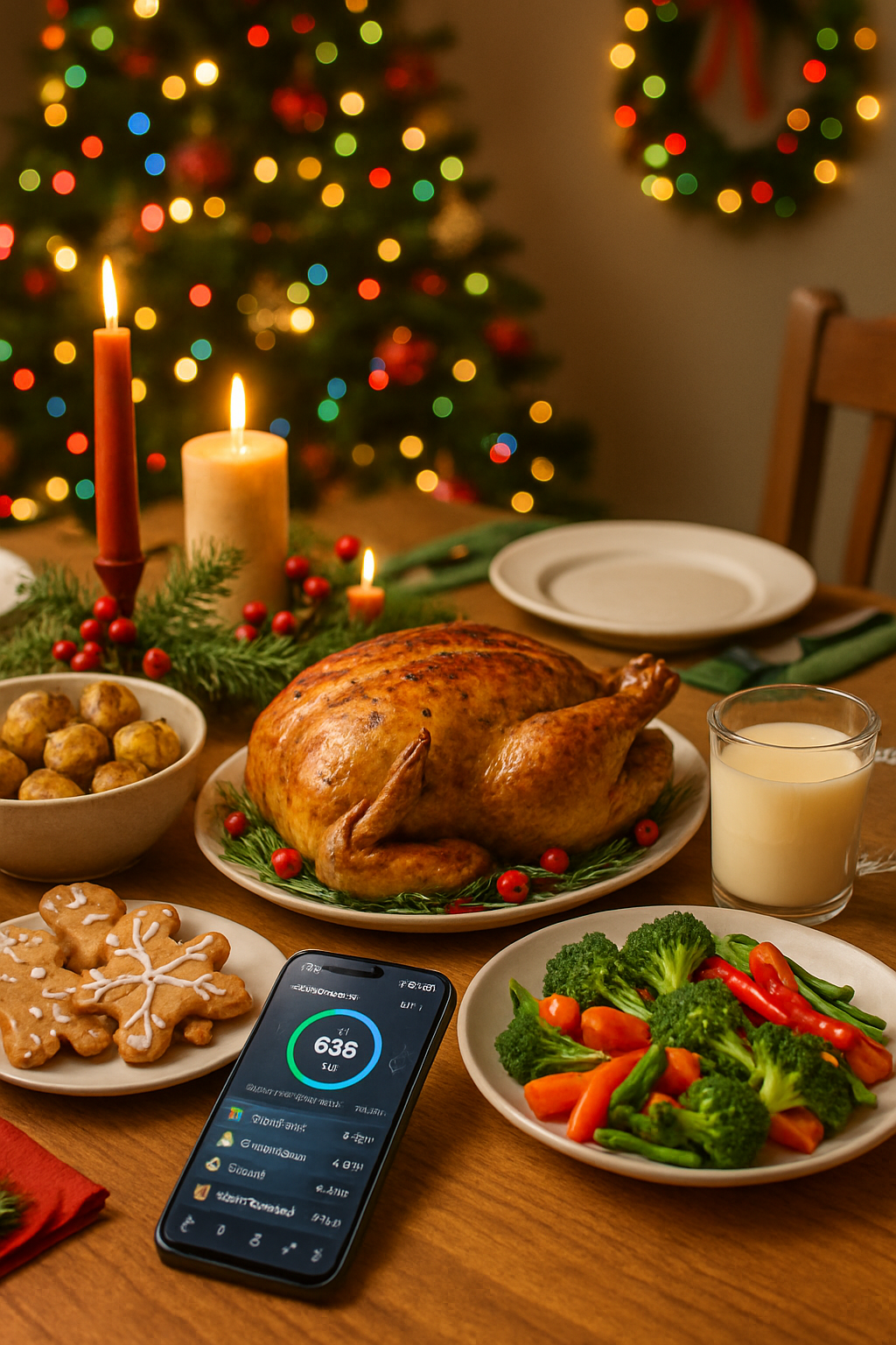 A smartphone displaying the SnapEat AI holiday food tracker app with a festive Christmas meal in the background.