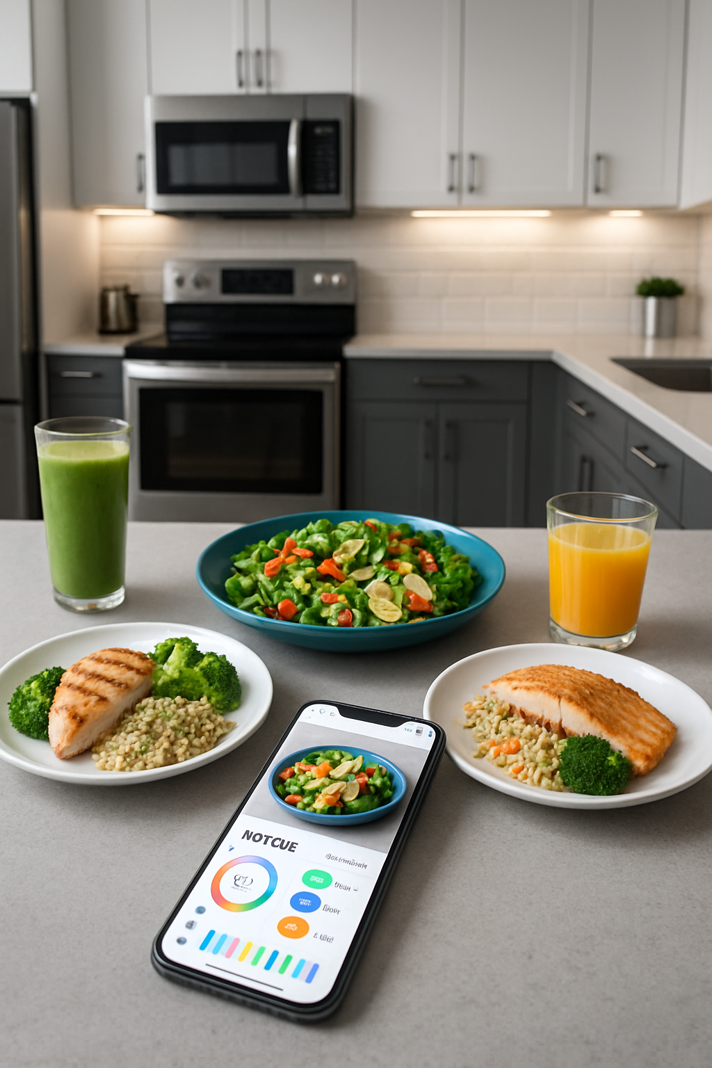 A healthy meal on a table with a smartphone displaying the SnapEat AI app interface, which uses AI to identify the food and its nutrition.