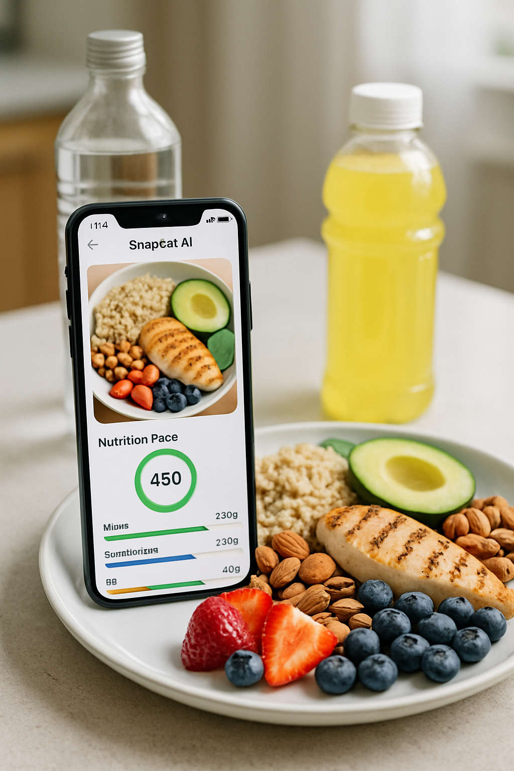 A person using the SnapEat AI app on their phone to track a healthy meal, with Coachella festival imagery in the background.