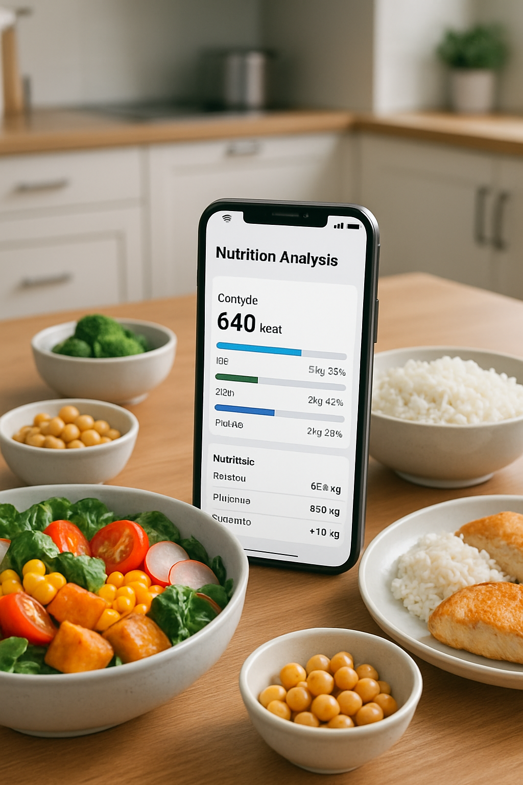 A smartphone displaying the SnapEat AI app interface with food recognition technology analyzing a healthy meal.
