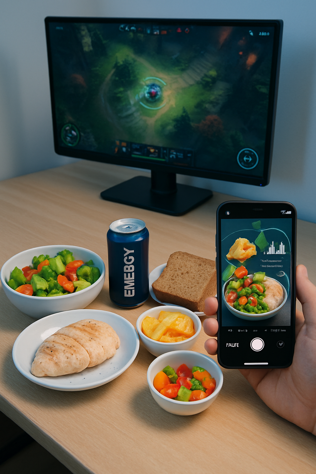 Gamer using SnapEat AI calorie tracker app on phone with a gaming setup in the background.