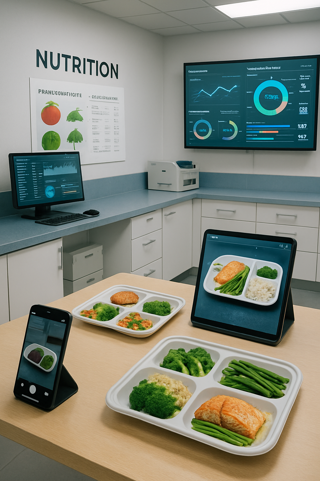 Dietitian analyzing a patient's meal on a tablet using SnapEat AI for hospital nutrition management.
