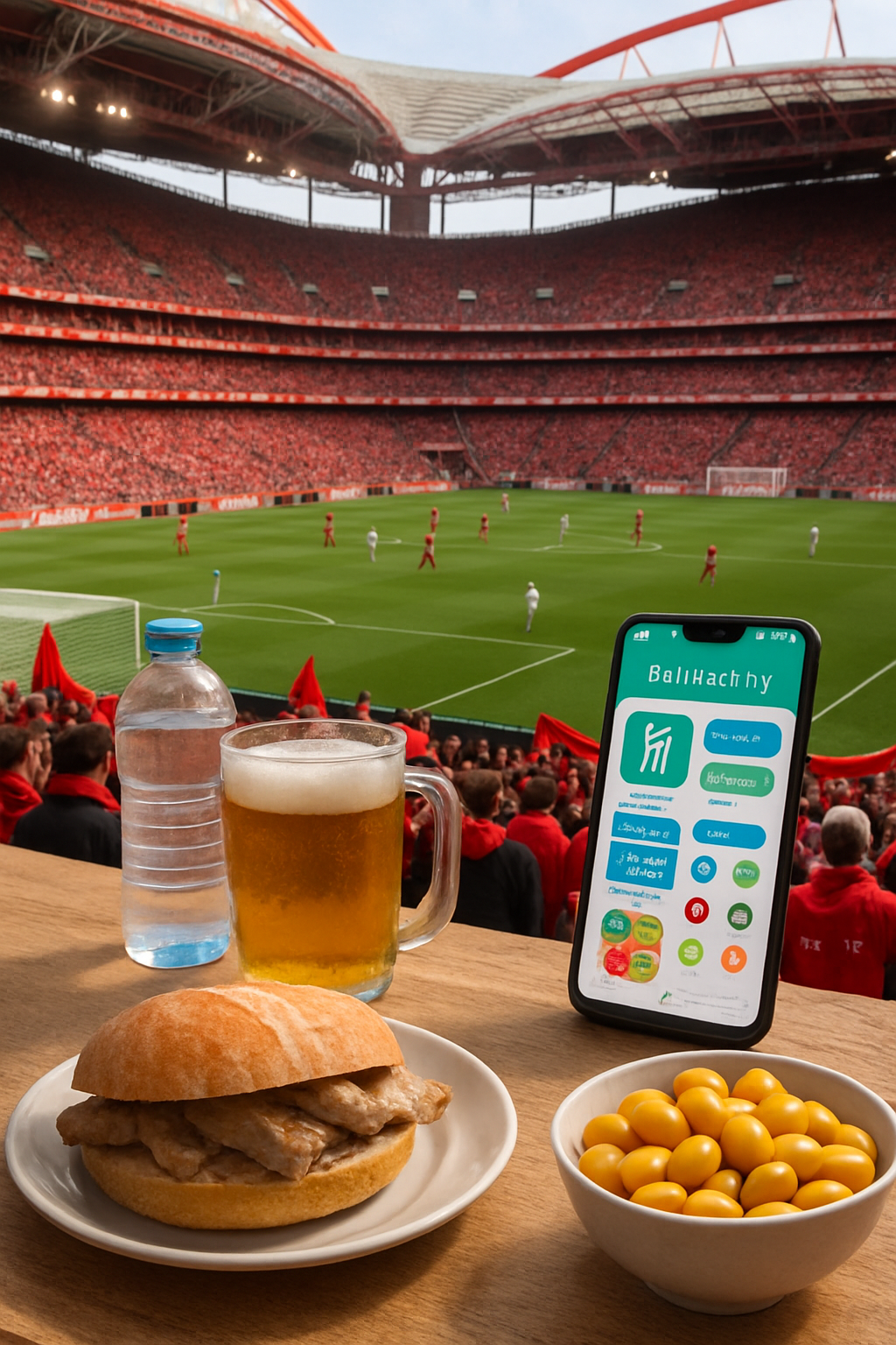 Benfica fan at Estádio da Luz using the SnapEat AI app on their phone to track the calories of a bifana and beer.