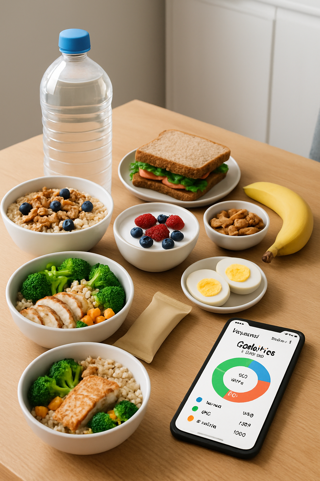 A focused gamer at their setup, with the SnapEat AI app on their phone showing a healthy meal analysis for peak FNCS performance.