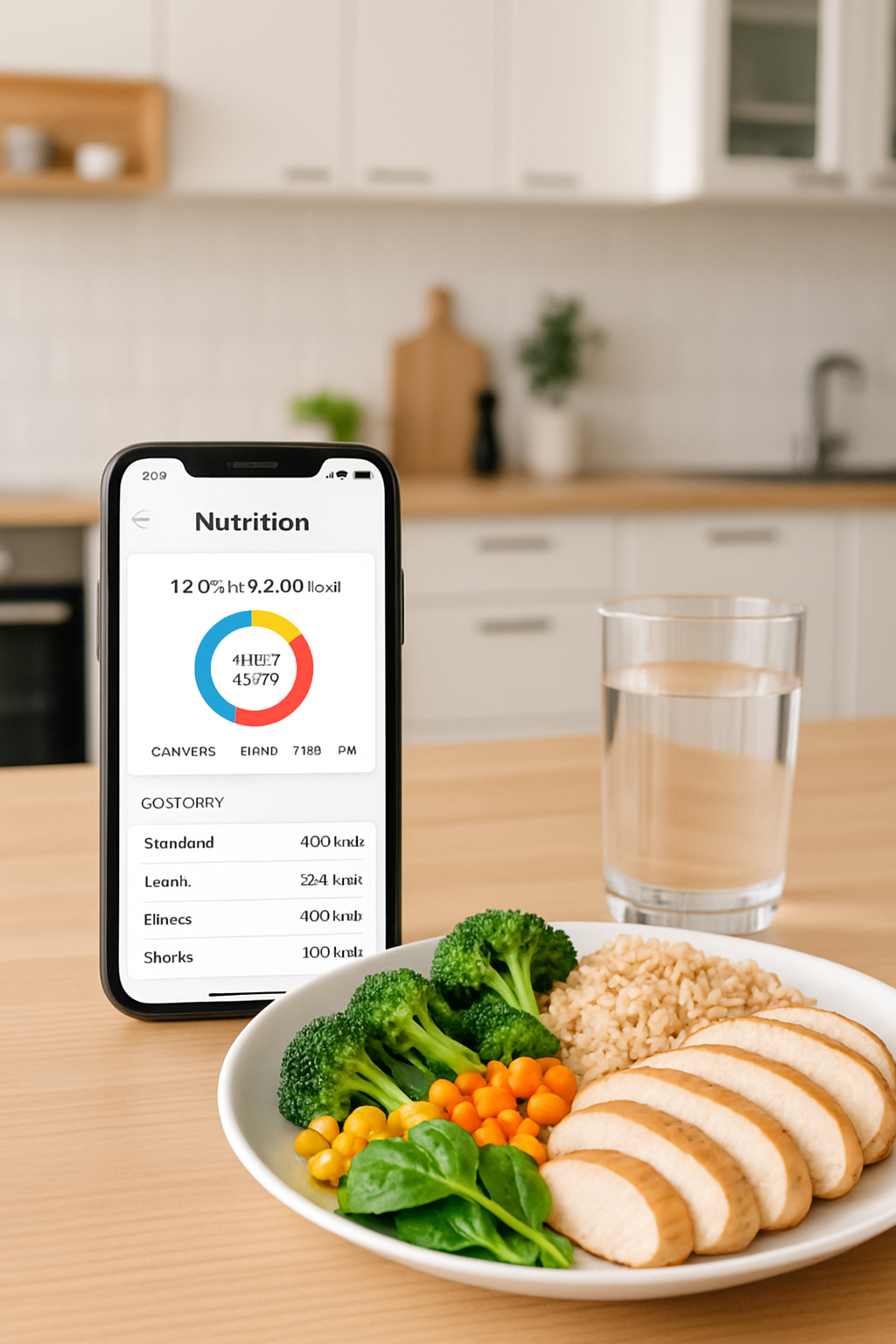 A smartphone running the SnapEat AI calorie counter app, analyzing a photo of a bowl of salad and chicken to track macros.