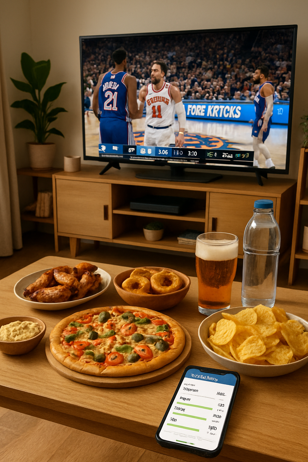 User tracking game day snacks like pizza and wings with the SnapEat AI nutrition tracker app during a basketball game.