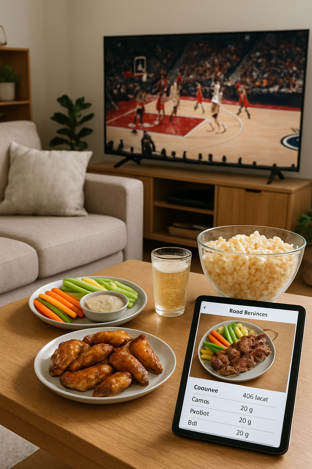 A person using the SnapEat AI app on their phone to track calories of game day eats like wings and dip while watching a basketball game.