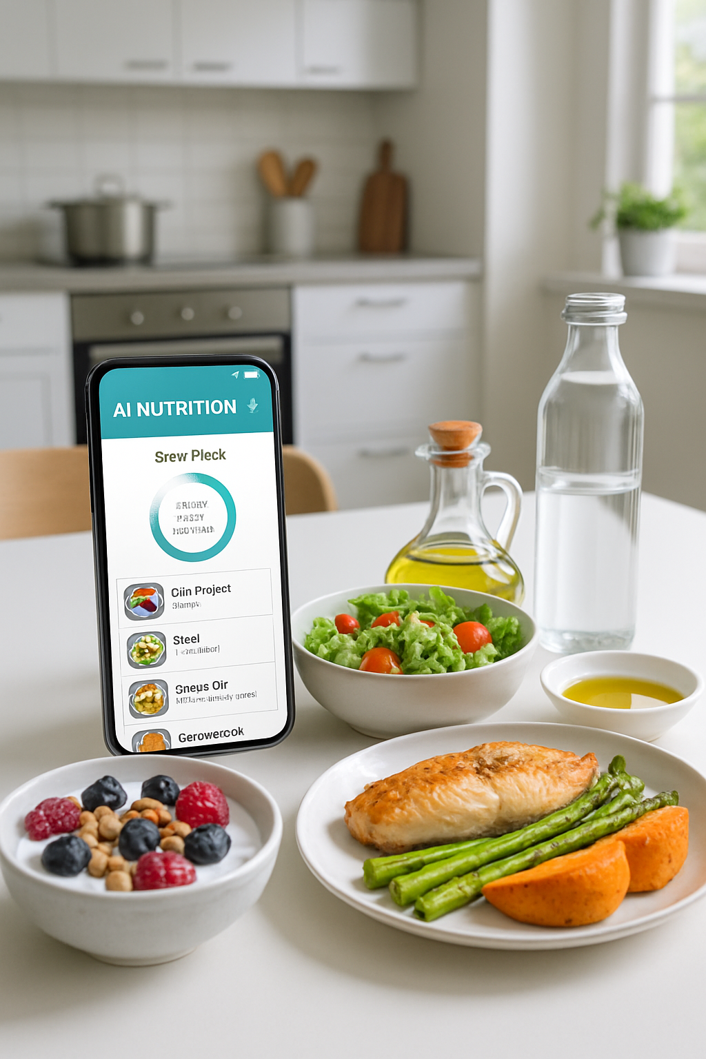 A smartphone displaying the SnapEat AI nutrition app interface, showing a photo analysis of a healthy meal with calorie and macro data.
