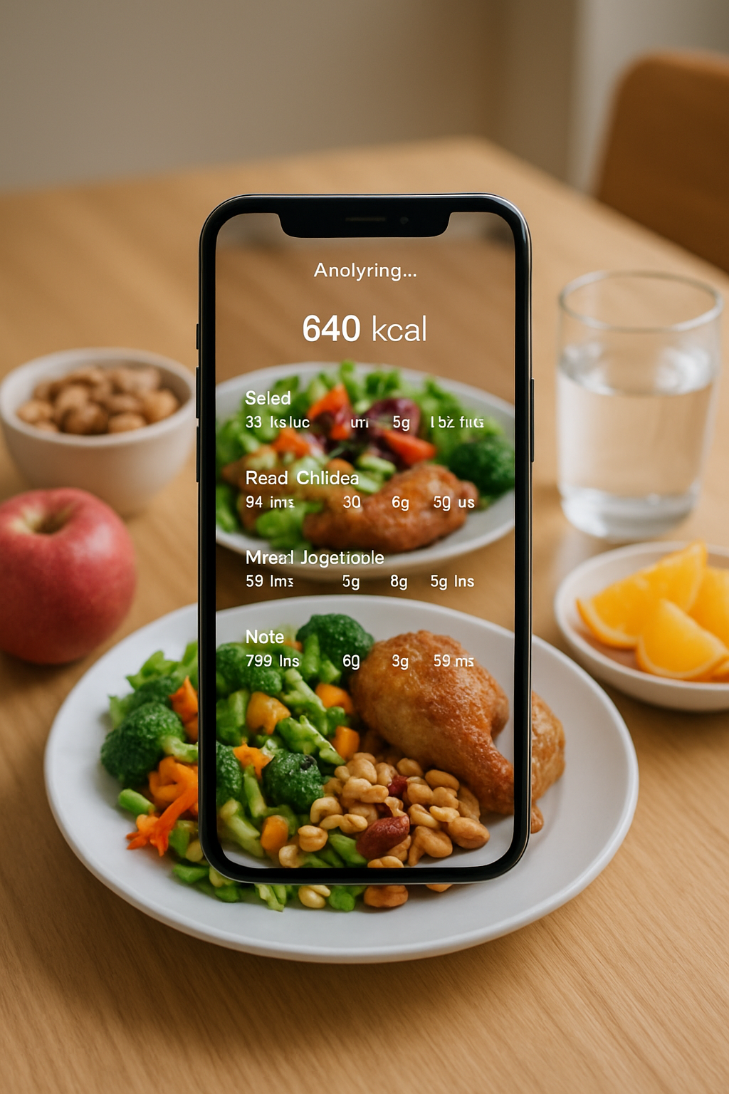A smartphone displaying the SnapEat AI calorie counter app after taking a photo of a meal.