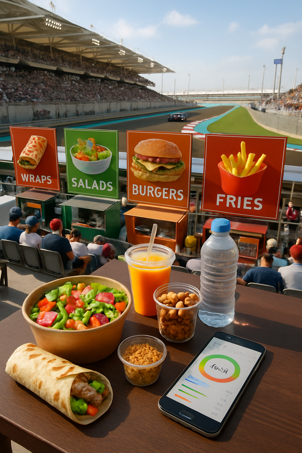 A phone screen displaying the SnapEat AI app's analysis of a healthy meal, with a blurred F1 race car at the Abu Dhabi GP in the background.