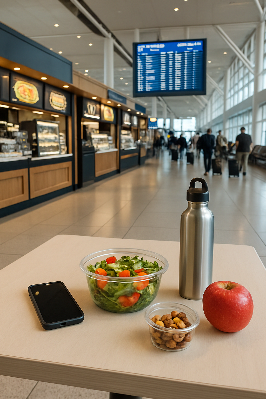 Traveler at an airport using the SnapEat AI meal tracking app on a smartphone to analyze a salad before eating.