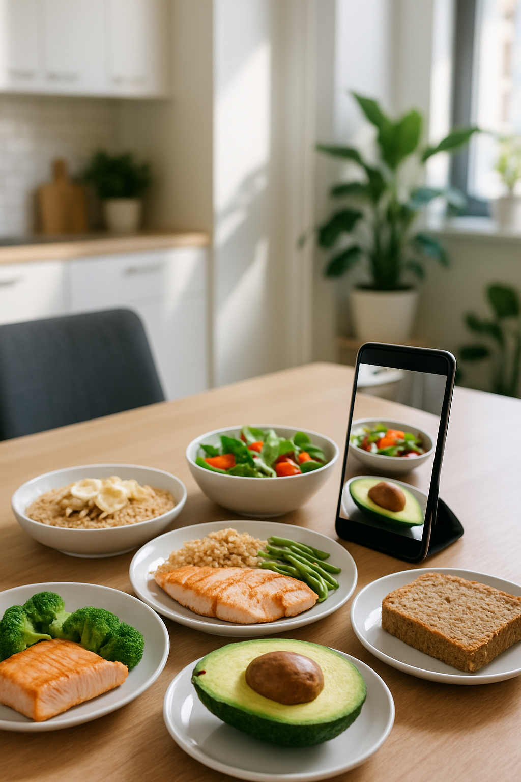 A smartphone using the SnapEat AI nutrition tracker app to analyze a healthy meal by photo.