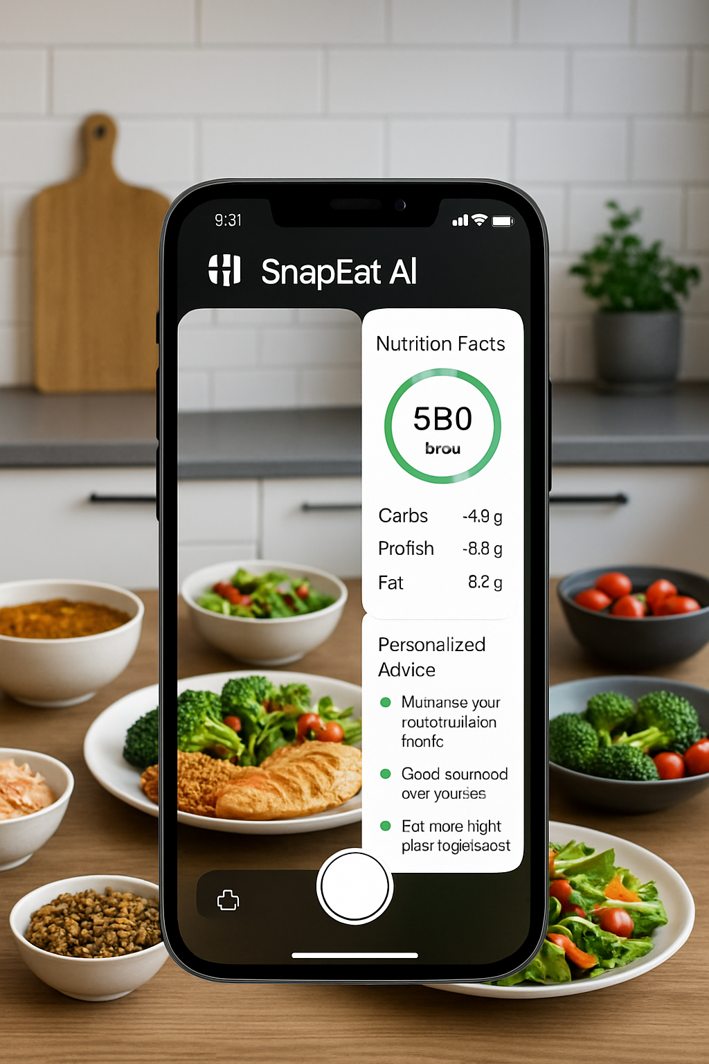 A smartphone running the SnapEat AI food coach app, analyzing a photo of a healthy meal for smart calorie tracking.
