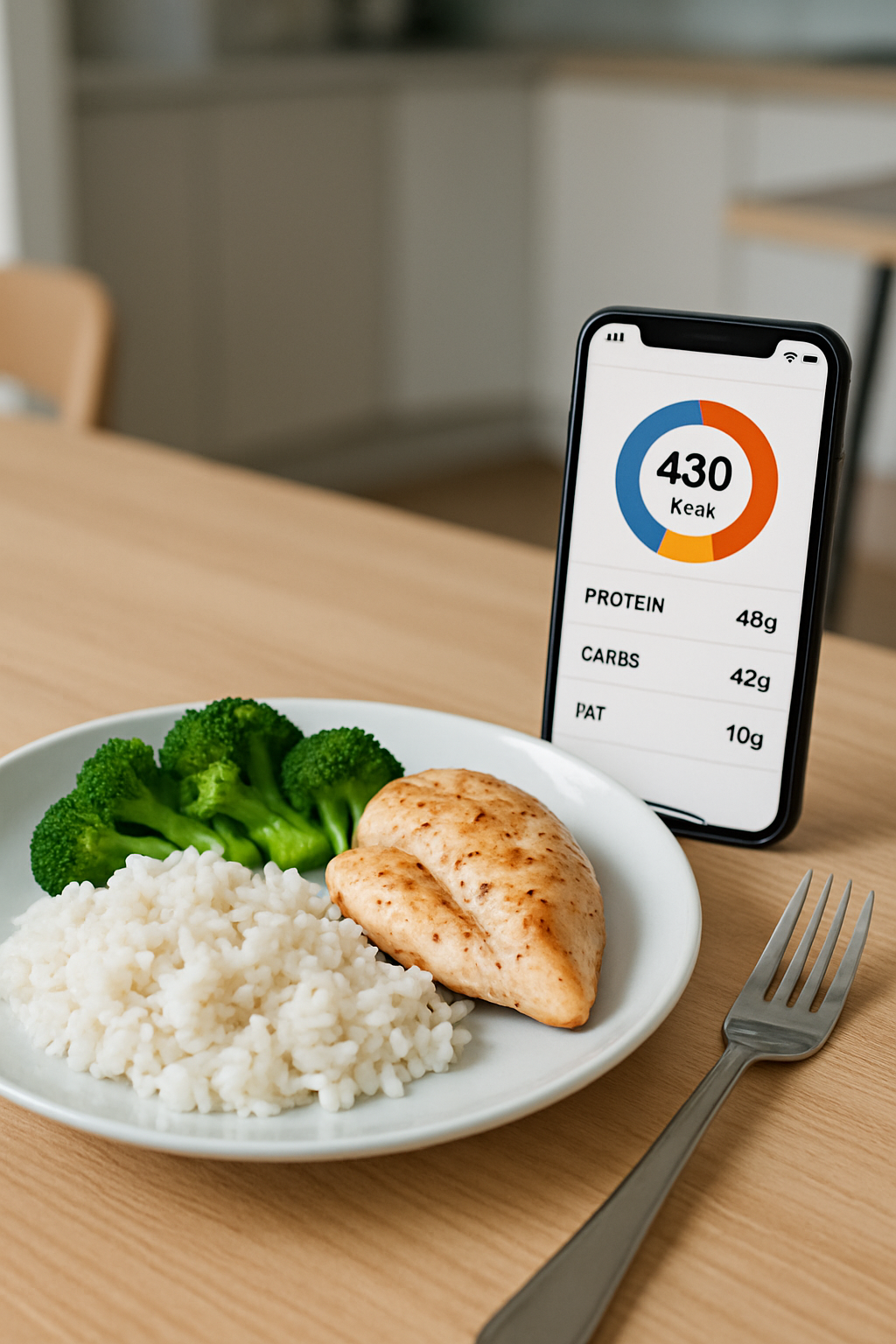 A phone displaying the SnapEat AI calorie counter app after analyzing a photo of a healthy meal on a plate.