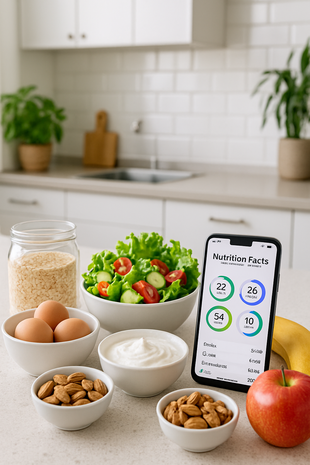 A smartphone running the SnapEat AI nutrition tracker app, analyzing a photo of a healthy meal.