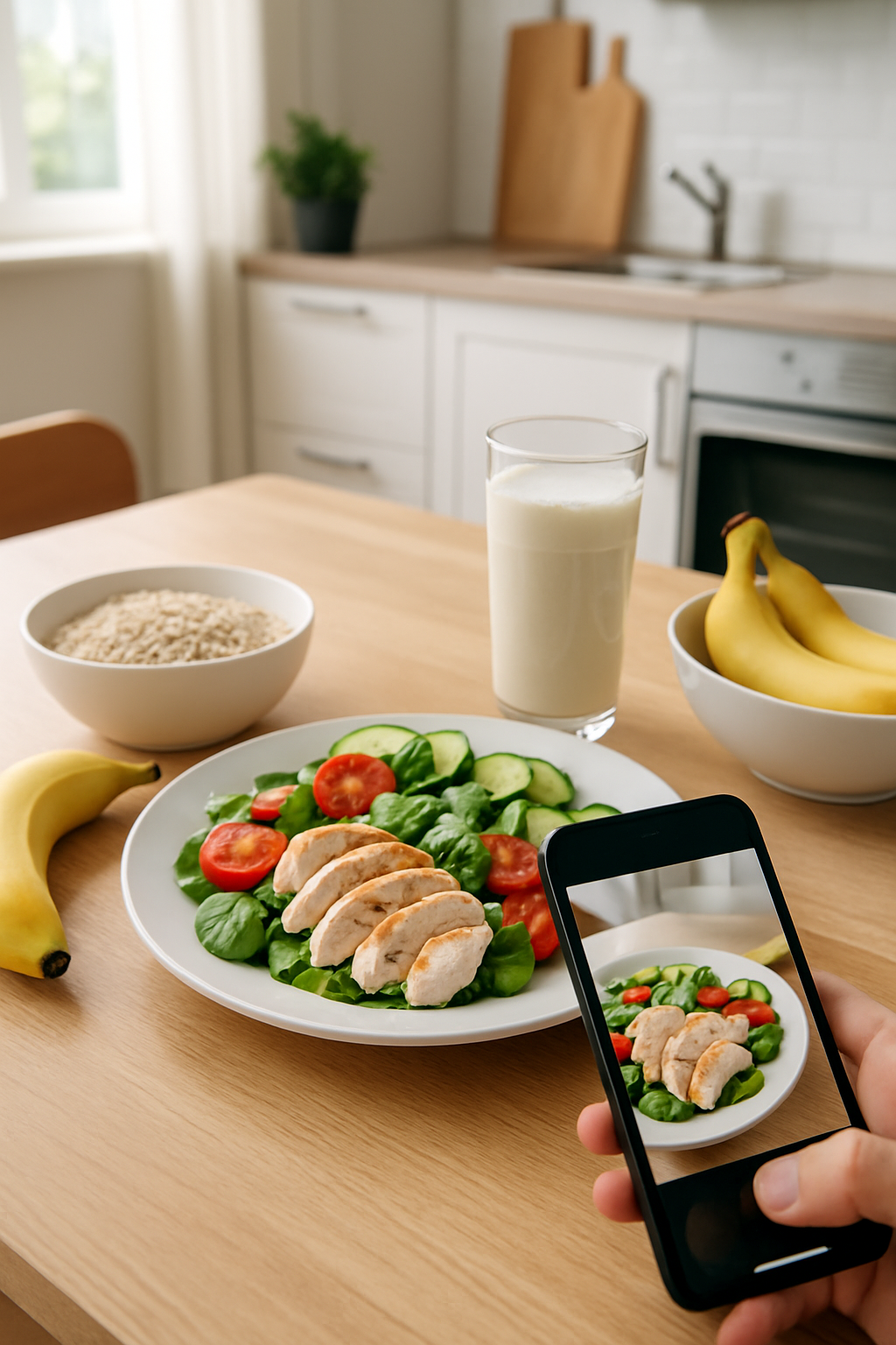 Smartphone displaying the SnapEat AI app interface after taking a photo of a healthy meal, demonstrating the AI nutrition coach feature.