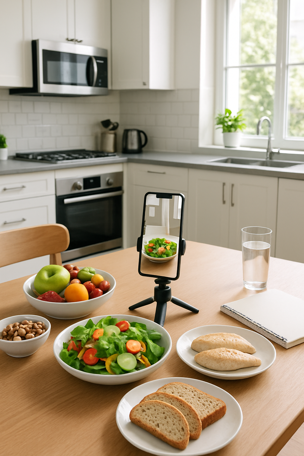 A person using the SnapEat AI meal tracking app on their smartphone to take a photo of a bowl of salad and track their nutrition.