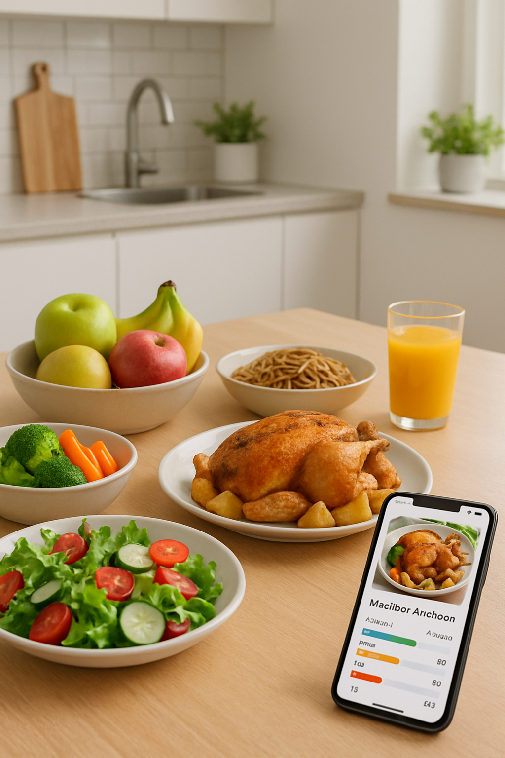Smartphone showing the SnapEat AI app interface after analyzing a photo of a healthy meal with vegetables and chicken.