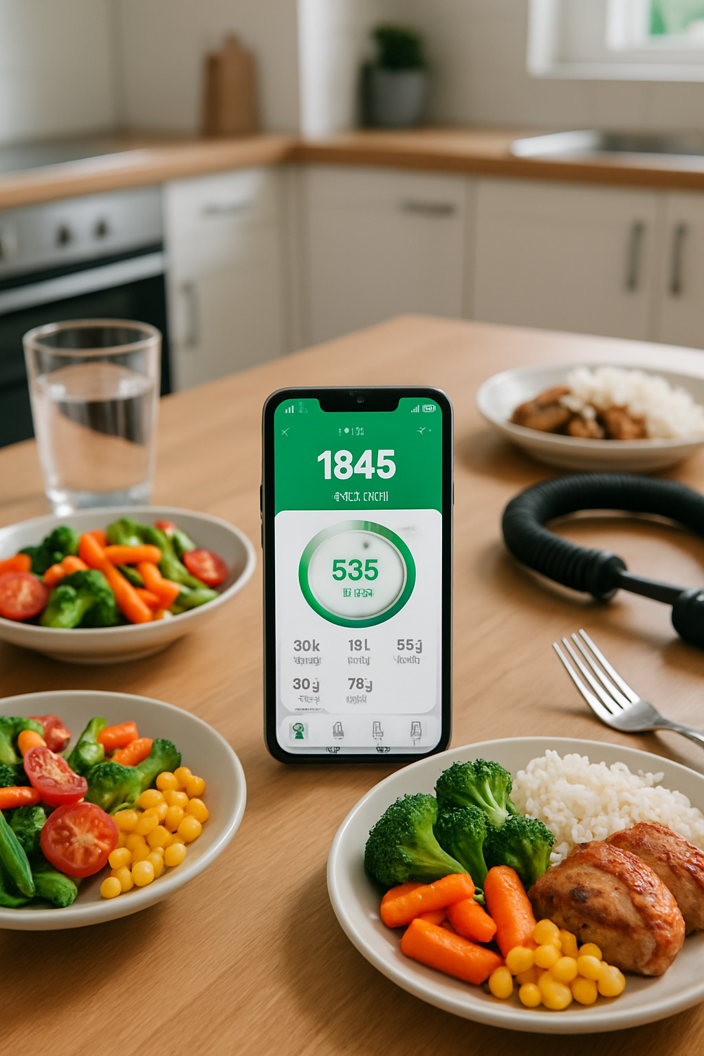 A smartphone running the SnapEat AI food recognition app, analyzing a healthy meal on a plate.