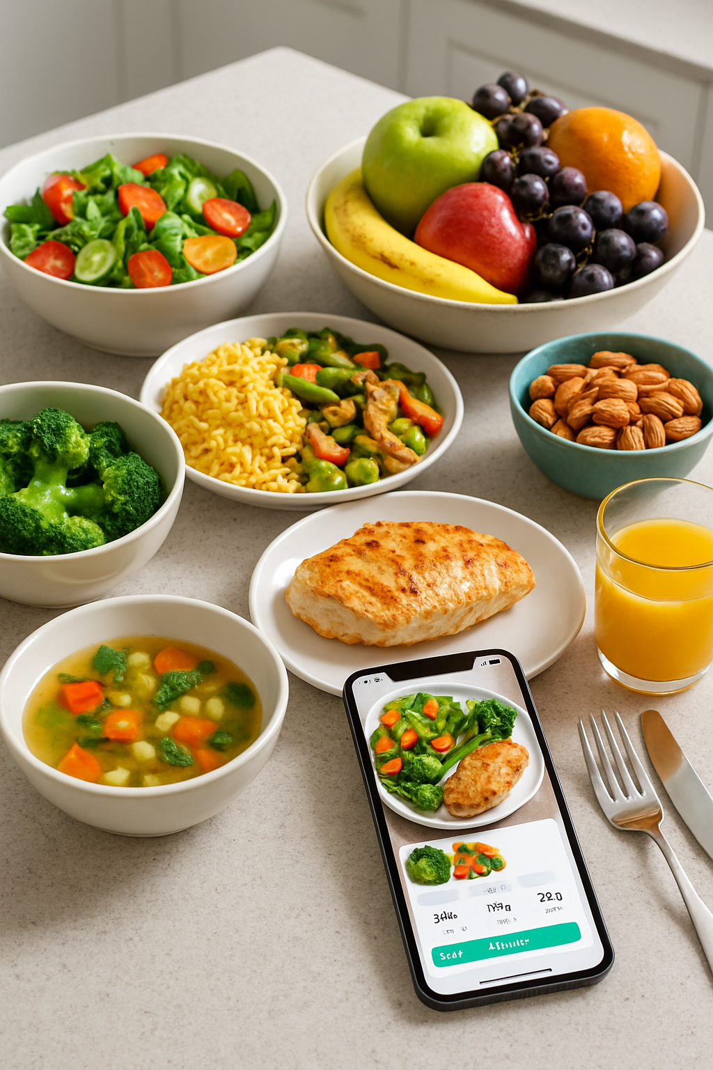 Smartphone displaying the SnapEat AI food tracker app analyzing a healthy meal on a table