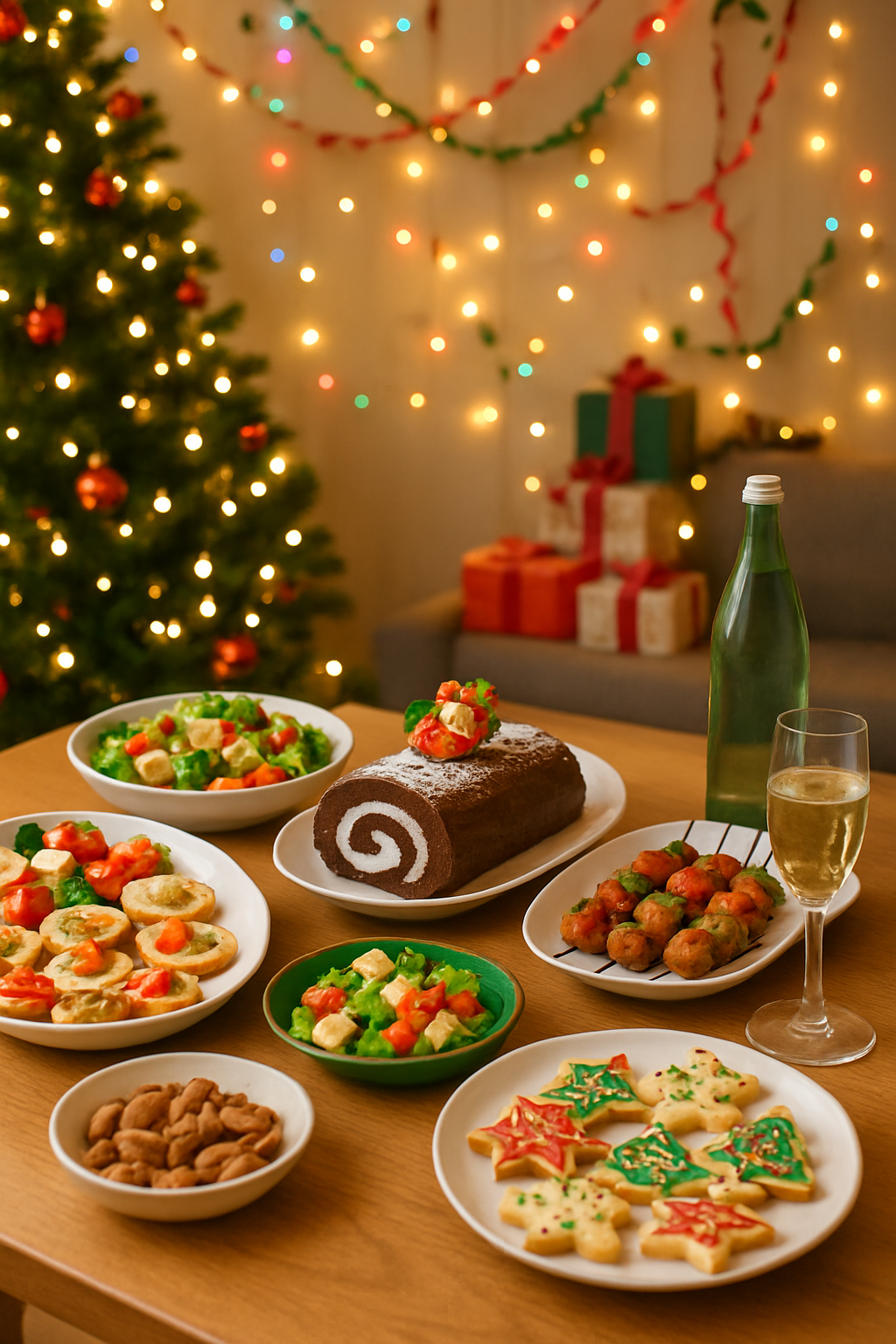 A phone displaying the SnapEat AI food tracker app analyzing a plate of festive Christmas party appetizers.