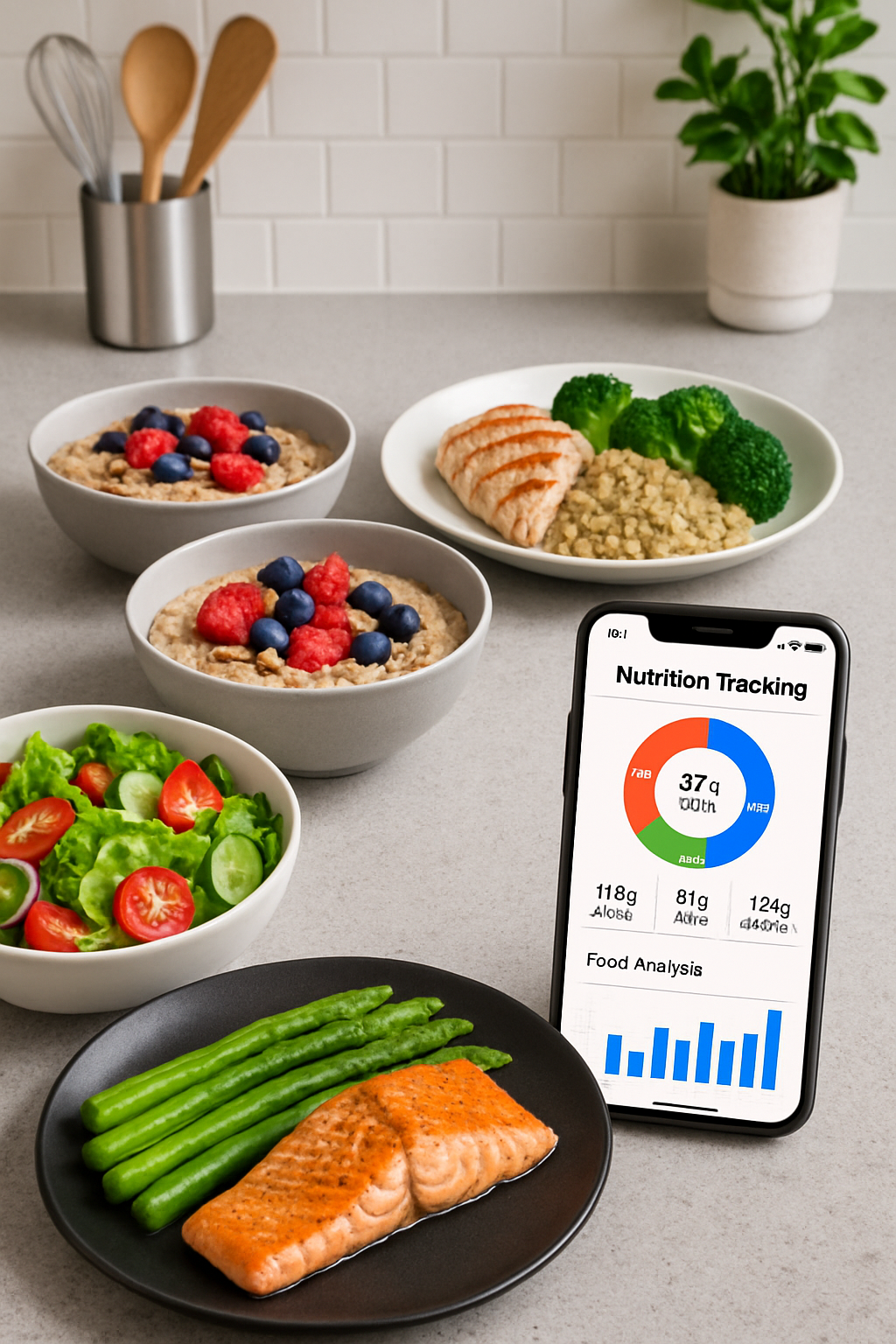 A smartphone showing the SnapEat AI nutrition app interface with a plate of healthy food next to it, illustrating how to fuel like an Aston Villa player.