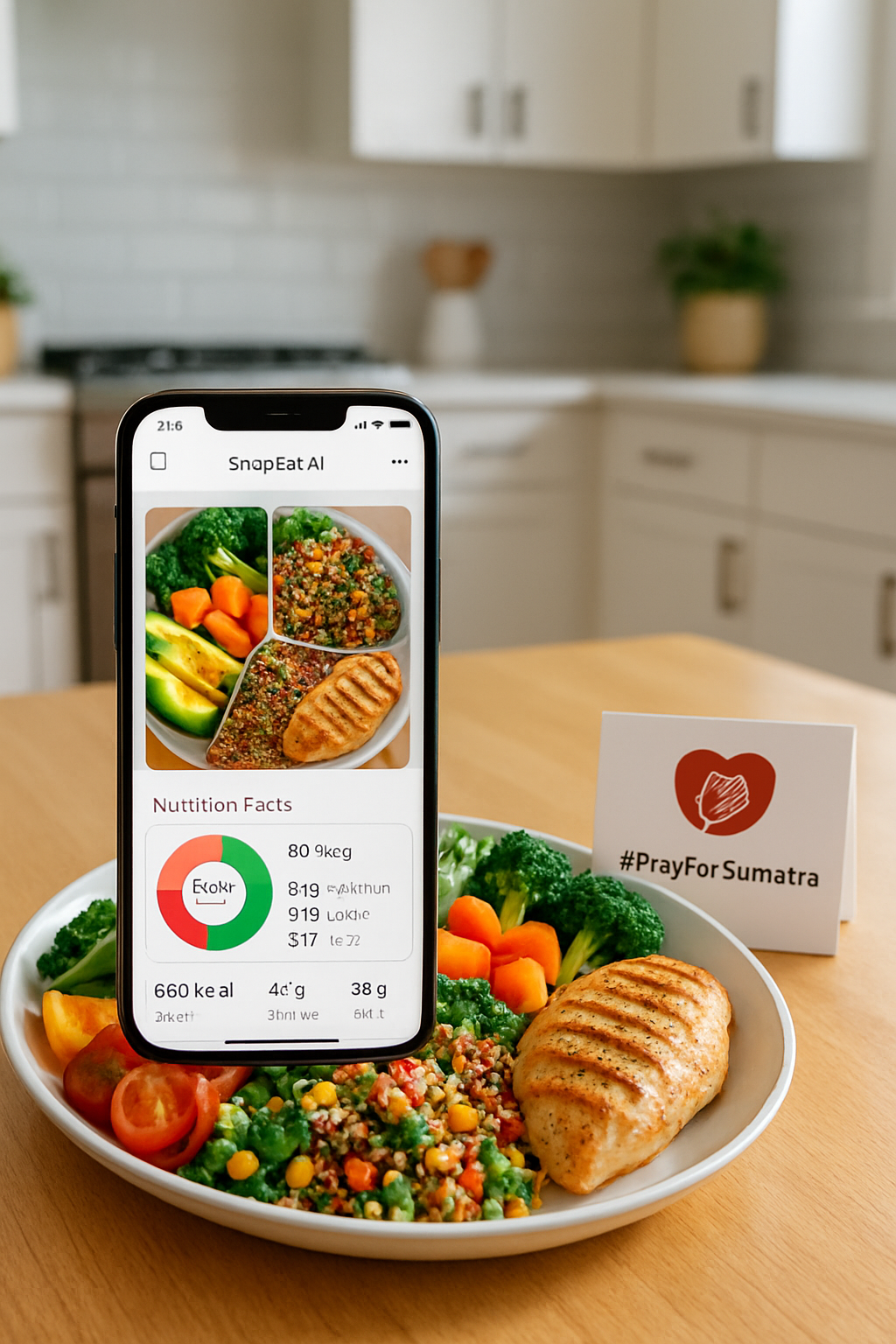 A smartphone displaying the SnapEat AI meal tracking app with a photo of a healthy meal and its nutritional breakdown, with the #PrayForSumatra logo.