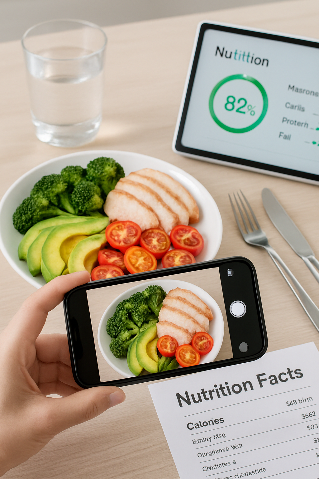 Smartphone showing the SnapEat AI nutrition tracker app analyzing a photo of a healthy meal.
