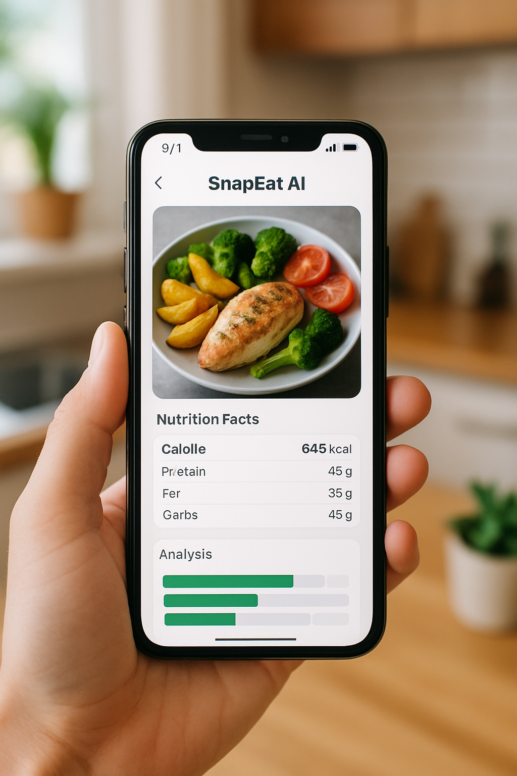A smartphone running the SnapEat AI meal tracking app, analyzing a plate of chicken and vegetables, illustrating how to track meals like Tom Holland.