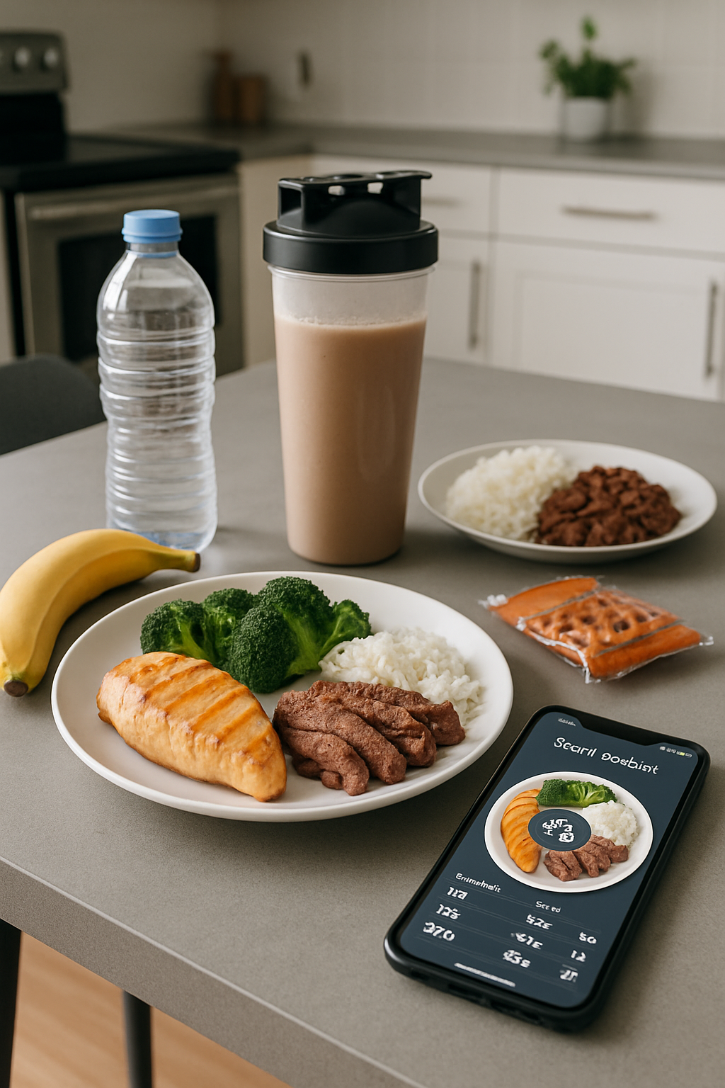 Baseball player eating a healthy meal while reviewing his baseball nutrition plan on the SnapEat AI meal tracker app.