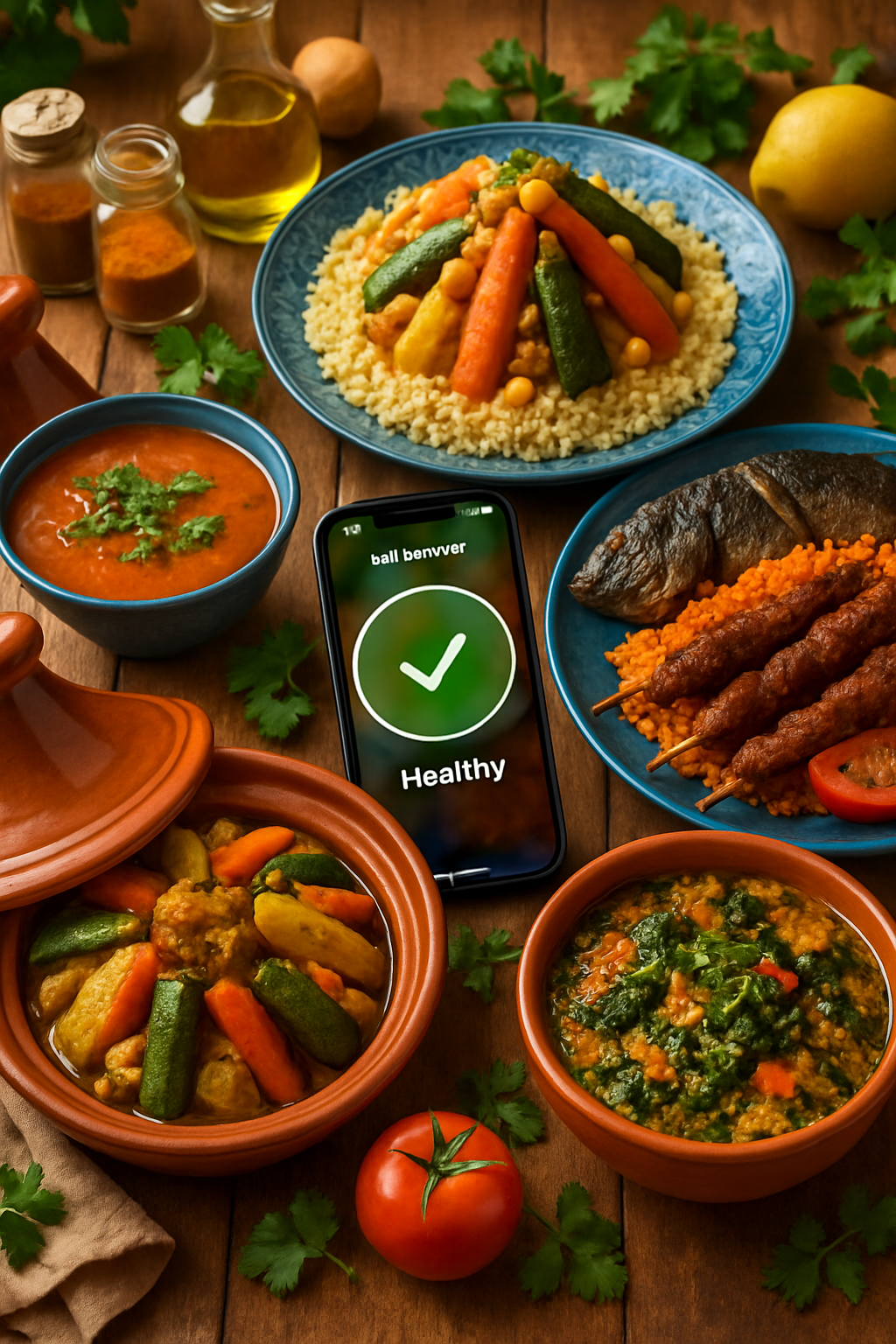 A split image showing Moroccan Tagine and Nigerian Jollof rice with the SnapEat AI app logo, illustrating how to track nutrition by photo.
