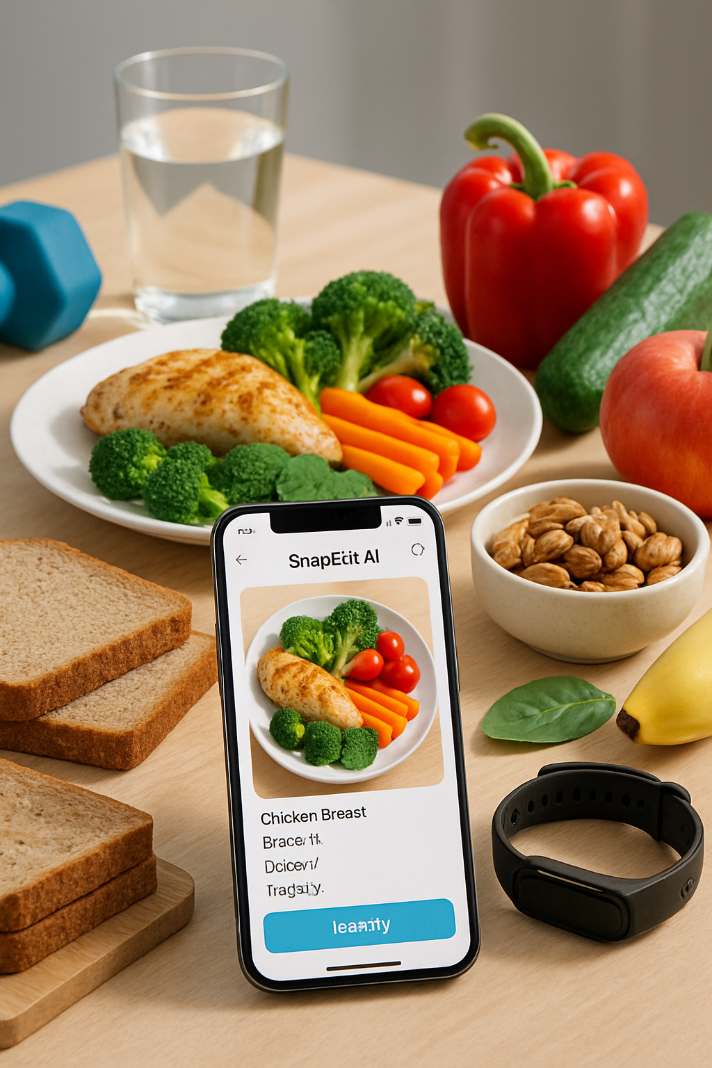 A smartphone screen showing the AI Toned Coach food recognition app analyzing a healthy meal of salmon and vegetables.