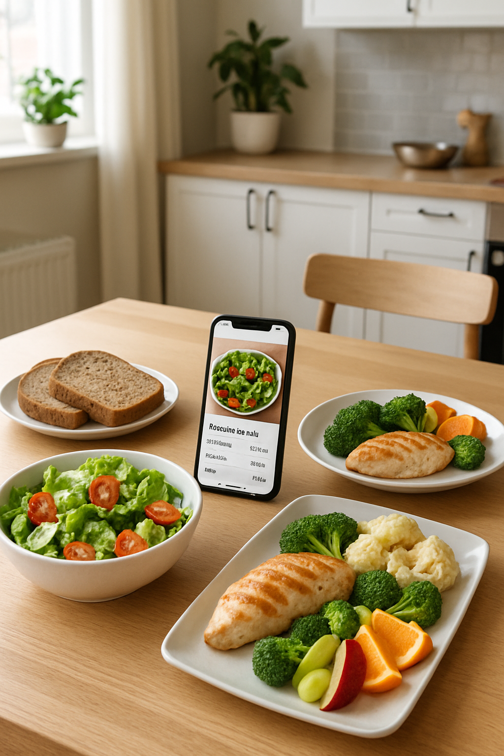 Smartphone showing the SnapEat AI smart calorie counter app analyzing a photo of a healthy meal.