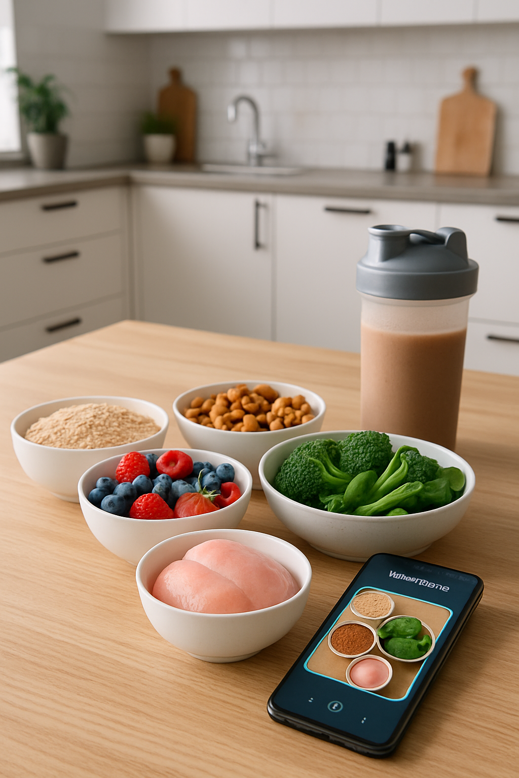 A healthy athlete nutrition meal of chicken and vegetables with a smartphone showing the SnapEat AI nutritionist app interface.